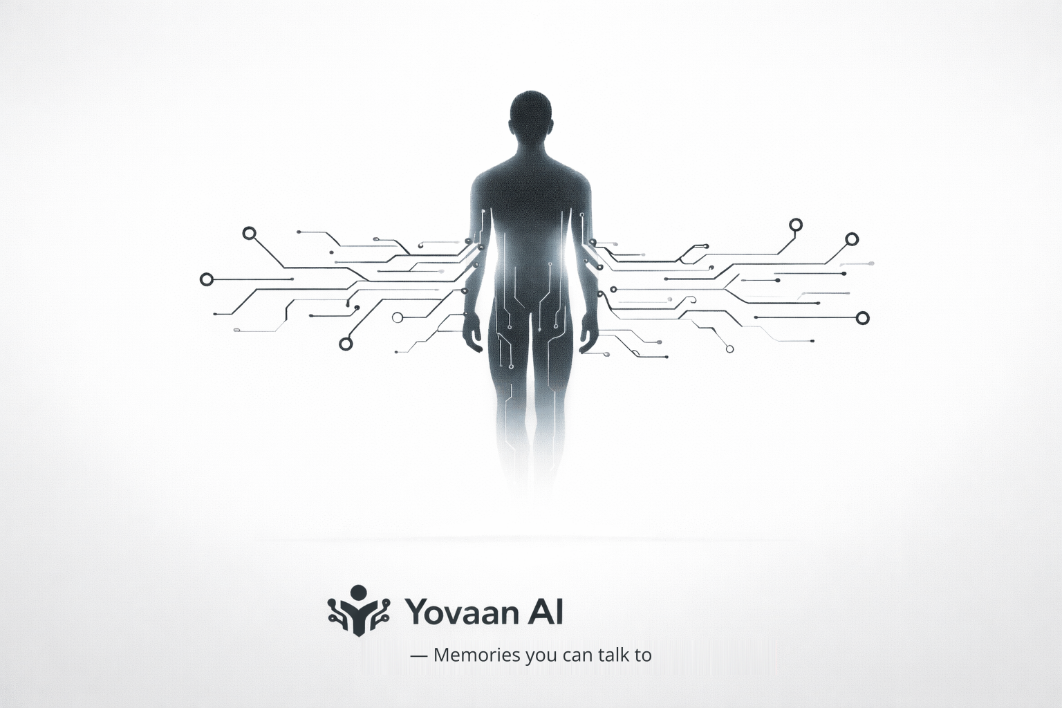 Yovaan AI — a human silhouette connected to glowing circuit pathways, with the tagline Memories you can talk to
